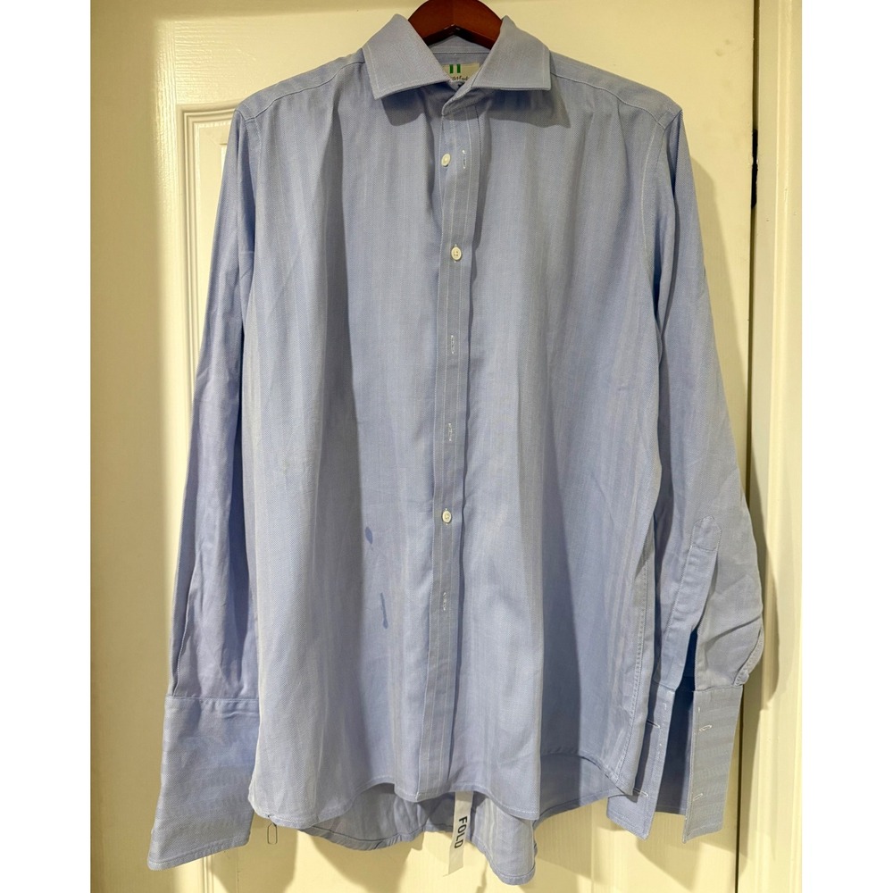 Harvie & Hudson Jermyn St London Mens Blue Herringbone Dress Shirt 16.5 R Cotton